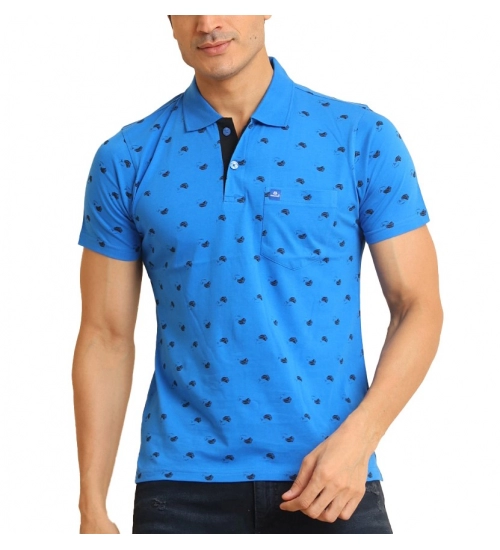 Generic Men's Casual Cotton Printed Polo Neck Half Sleeve T-Shirt (Blue)