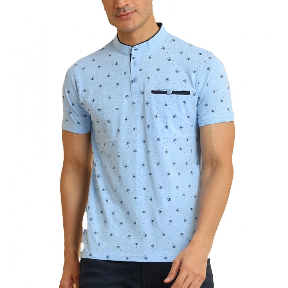Men's Casual Cotton Printed Mandarin Collar Half Sleeve T-Shirt (Skyblue)
