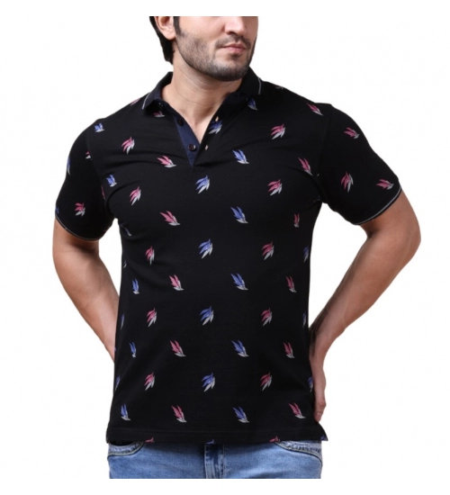 Generic Men's Casual Cotton Printed Polo Neck Half Sleeve T-Shirt (Black)