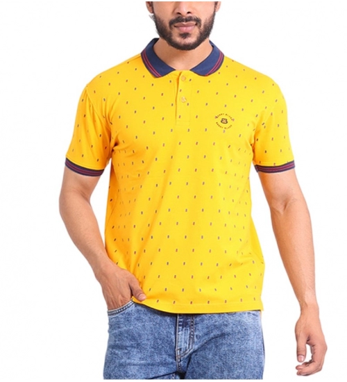 Generic Men's Casual Cotton Printed Polo Neck Half Sleeve T-Shirt (Turmeric)