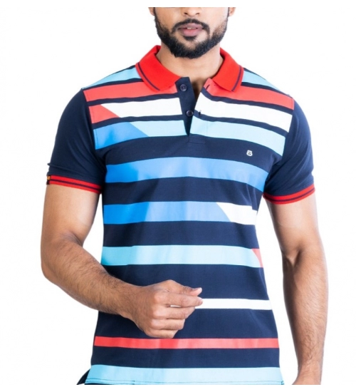Generic Men's Casual Cotton Printed Polo Neck Half Sleeve T-Shirt (Navy)