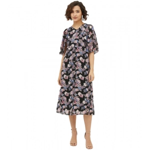 Generic Women's Polyester Chain Print Cap Sleeve Calf-length Dress (Multicolor)