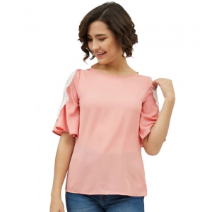 Generic Women's Polyester Lace Inserts Cold Shoulder Top (Pink)