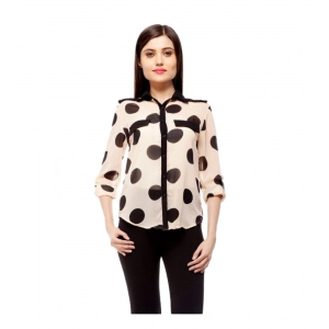 Generic Women's Polyester Polka Roll Up Sleeve Standard Length Shirt (Peach)