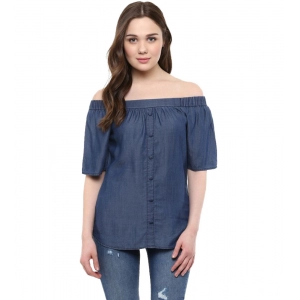 Generic Women's Denim Solid Short Sleeve Regular Top (Blue)