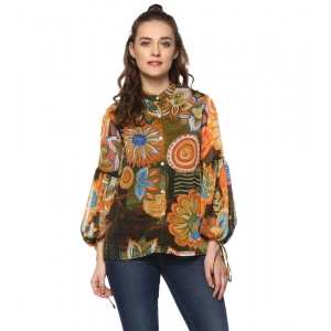 Generic Women's Polyester Floral Balloon Sleeve Top (Mustard - Olive)