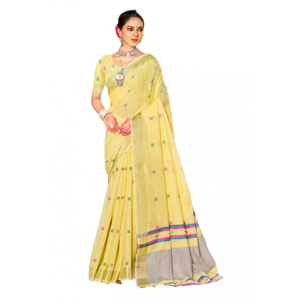 Generic Women's Cotton Printed Saree With Unstitched Blouse 5.5Mtr (Yellow)