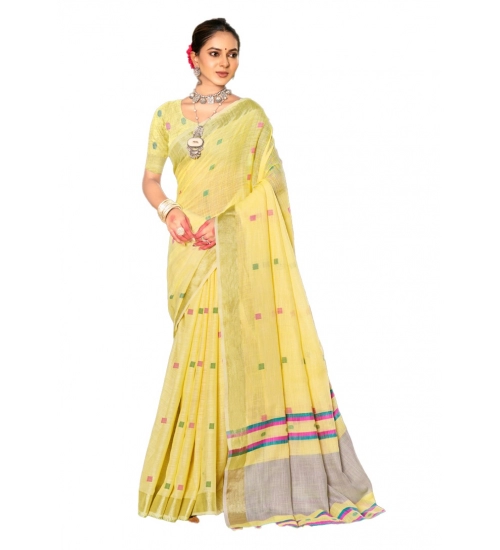 Generic Women's Cotton Printed Saree With Unstitched Blouse 5.5Mtr (Yellow)