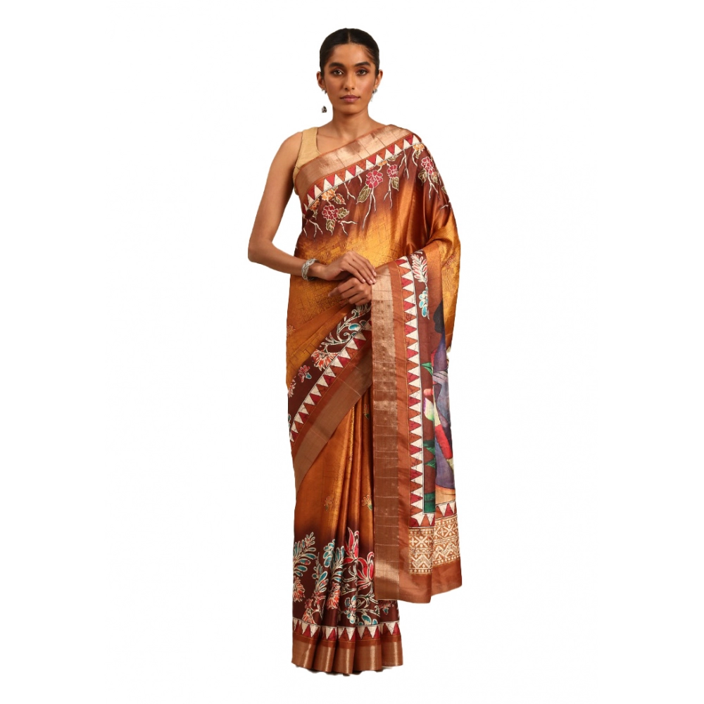 Generic Women's Cotton Printed Saree With Unstitched Blouse 5.5Mtr (Gold)