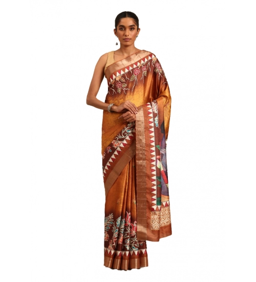 Generic Women's Cotton Printed Saree With Unstitched Blouse 5.5Mtr (Gold)