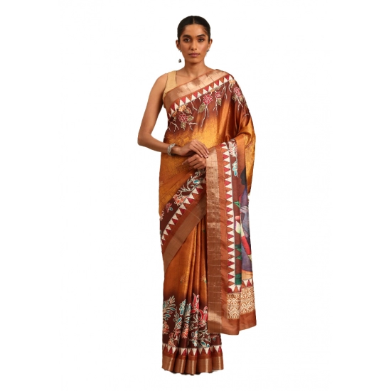 Generic Women's Cotton Printed Saree With Unstitched Blouse 5.5Mtr (Gold)