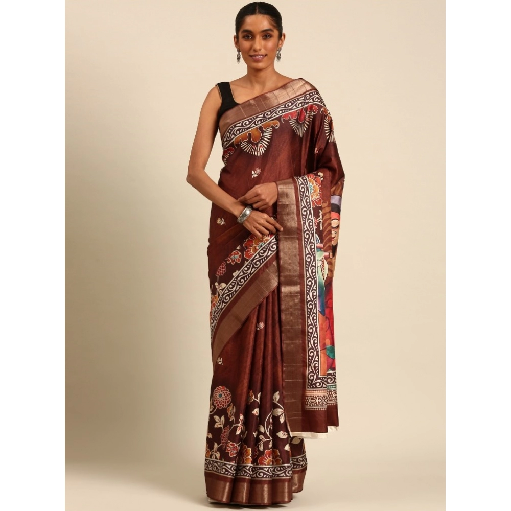 Generic Women's Cotton Printed Saree With Unstitched Blouse 5.5Mtr (Brown)