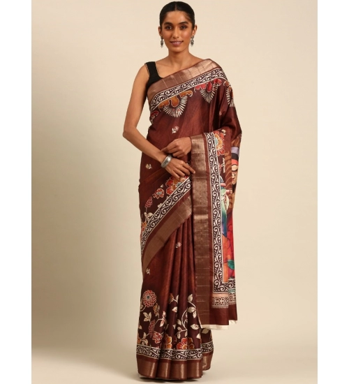 Generic Women's Cotton Printed Saree With Unstitched Blouse 5.5Mtr (Brown)