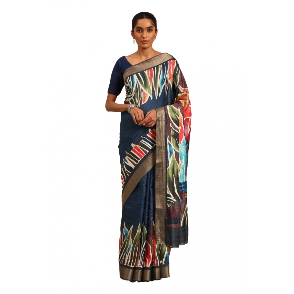 Generic Women's Cotton Printed Saree With Unstitched Blouse 5.5Mtr (Navy-Blue)