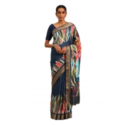 Generic Women's Cotton Printed Saree With Unstitched Blouse 5.5Mtr (Navy-Blue)