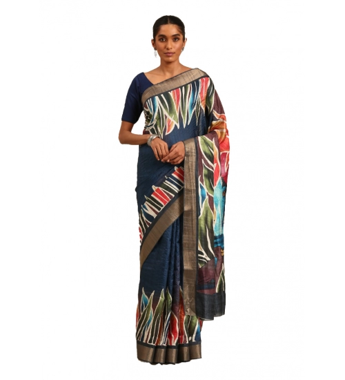 Generic Women's Cotton Printed Saree With Unstitched Blouse 5.5Mtr (Navy-Blue)