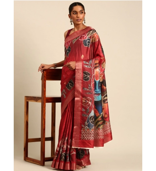 Generic Women's Cotton Printed Saree With Unstitched Blouse 5.5Mtr (Red)
