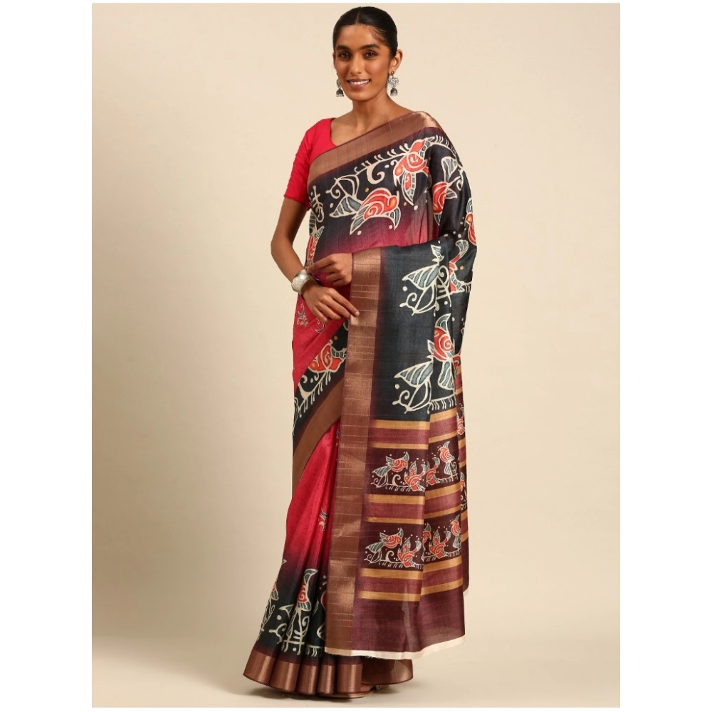 Generic Women's Cotton Printed Saree With Unstitched Blouse 5.5Mtr (Pink-Black)