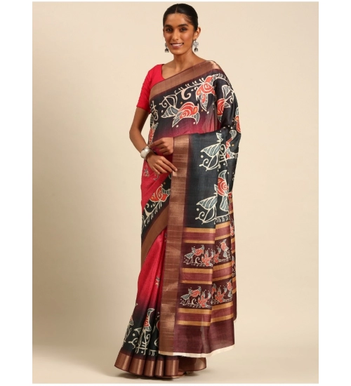 Generic Women's Cotton Printed Saree With Unstitched Blouse 5.5Mtr (Pink-Black)