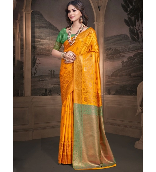 Generic Women's Silk Woven Design Saree With Unstitched Blouse 5.5Mtr (Yellow)