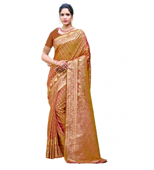Generic Women's Silk Printed Saree With Unstitched Blouse 5.5Mtr (Brown)