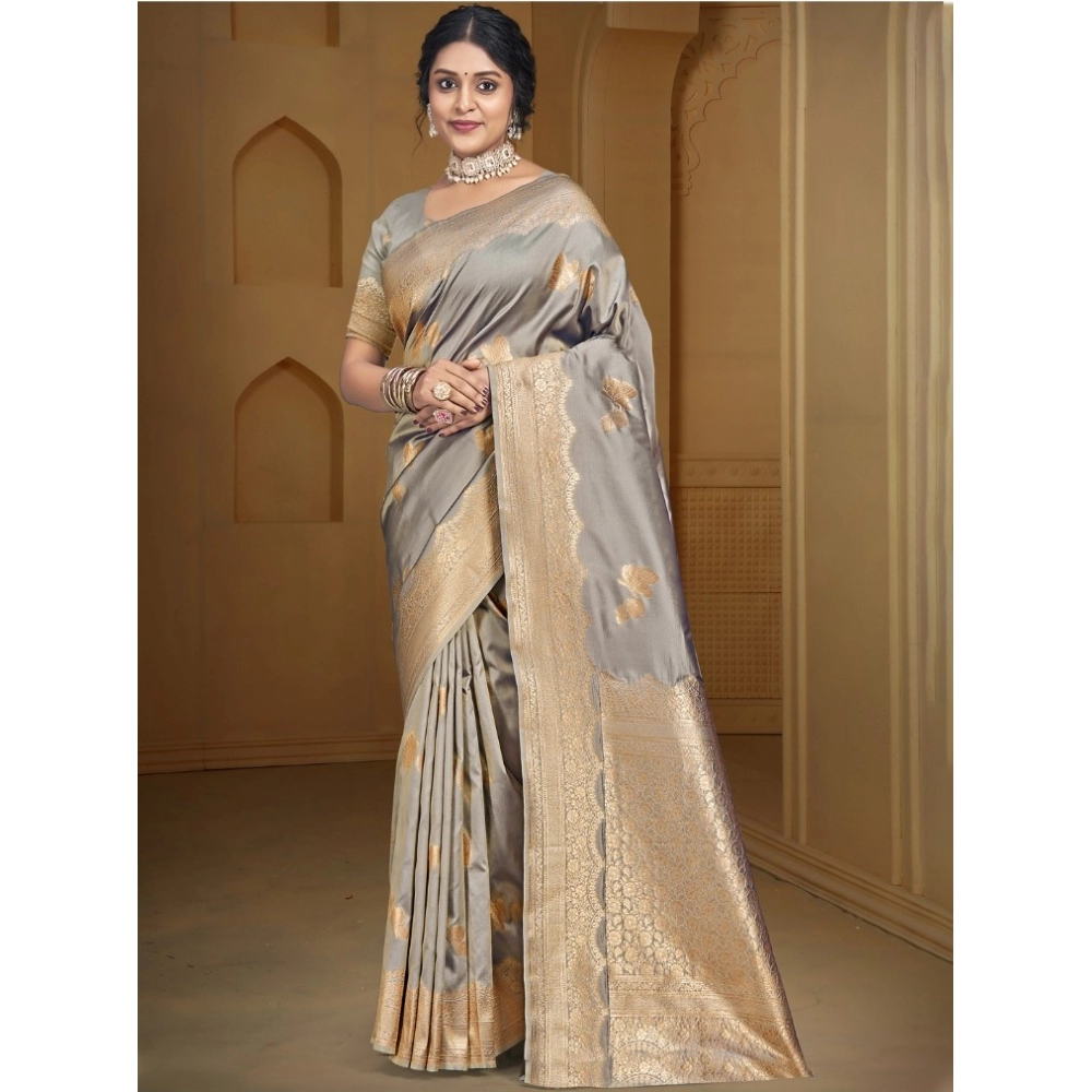 Generic Women's Silk Woven Design Saree With Unstitched Blouse 5.5Mtr (Grey)