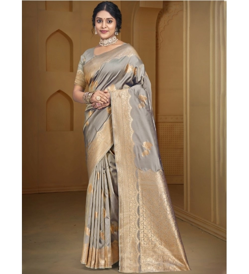 Generic Women's Silk Woven Design Saree With Unstitched Blouse 5.5Mtr (Grey)