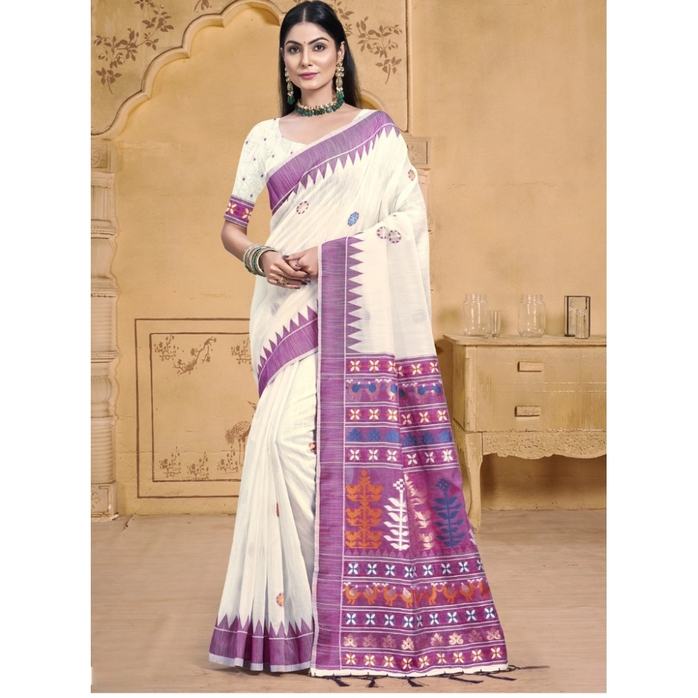 Generic Women's Cotton Printed Saree With Unstitched Blouse 5.5Mtr (Lavender)