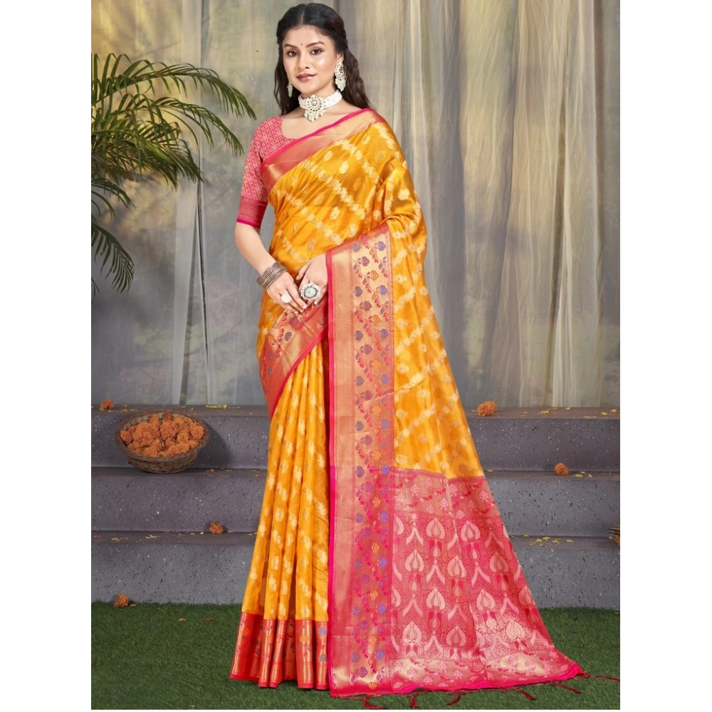 Generic Women's Silk Woven Design Saree With Unstitched Blouse 5.5Mtr (Yellow)