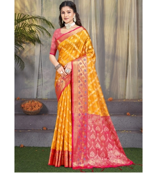 Generic Women's Silk Woven Design Saree With Unstitched Blouse 5.5Mtr (Yellow)