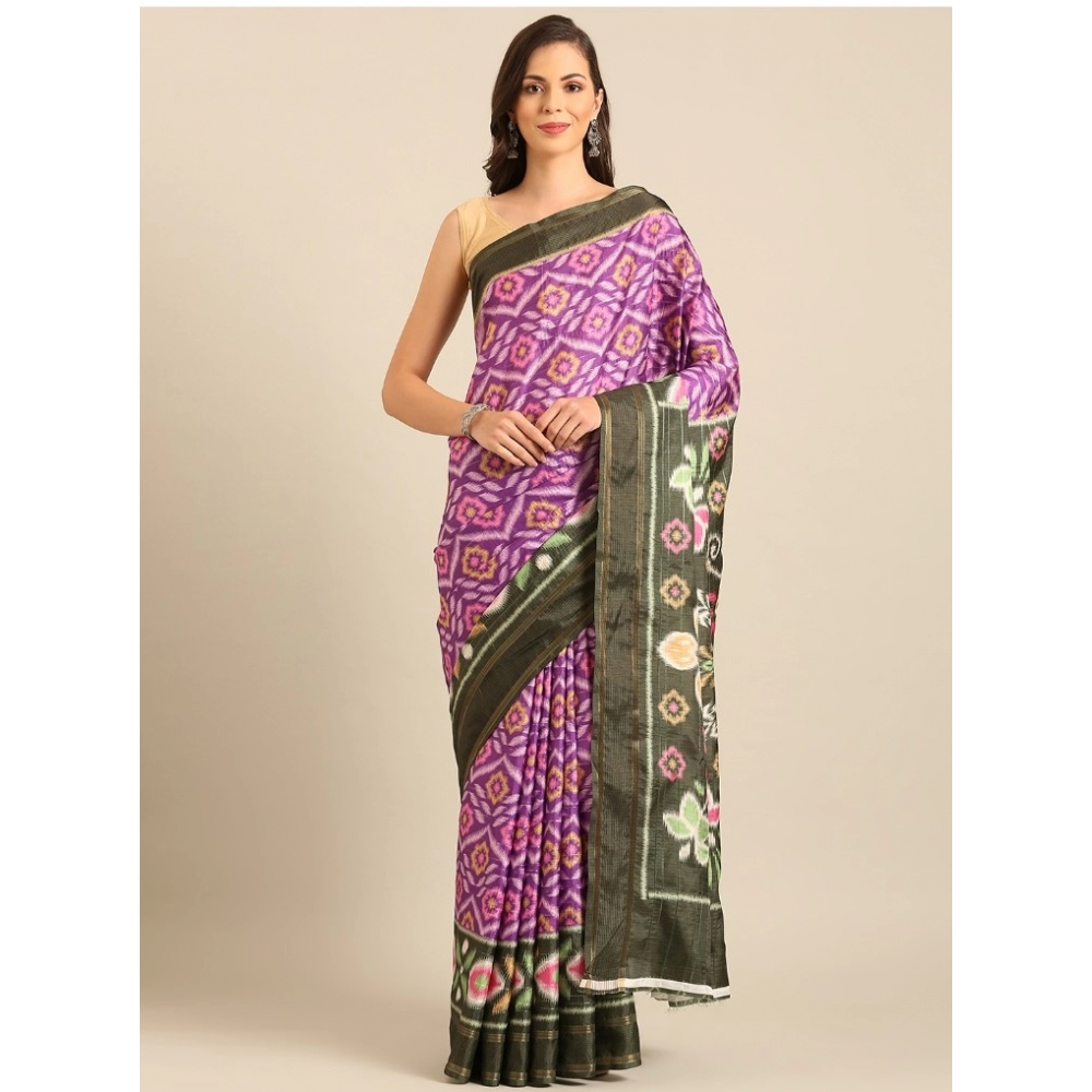 Generic Women's Cotton Printed Saree With Unstitched Blouse 5.5Mtr (Purple)