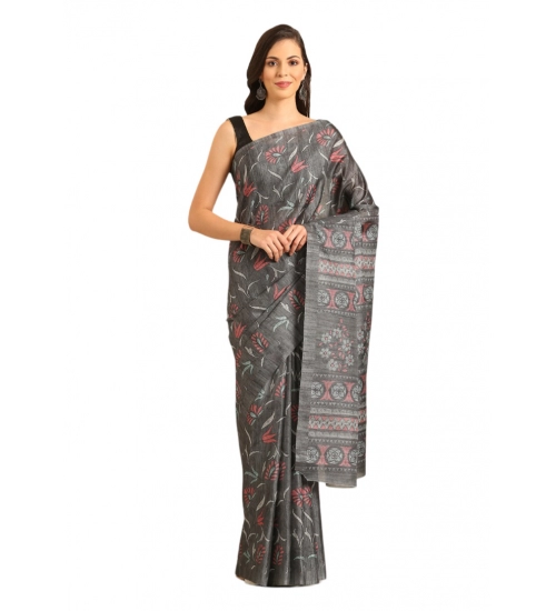 Generic Women's Cotton Printed Saree With Unstitched Blouse 5.5Mtr (Grey)