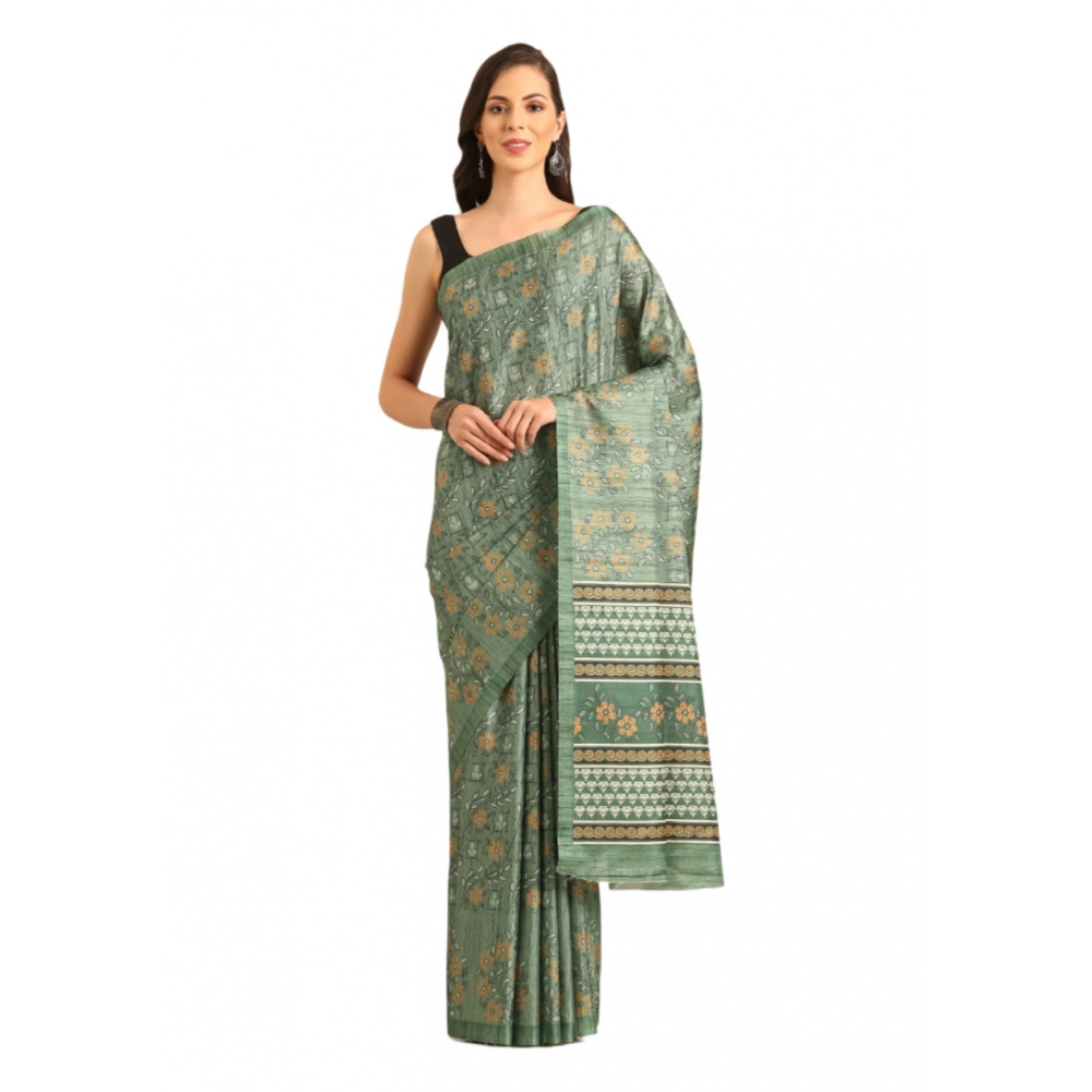Generic Women's Cotton Printed Saree With Unstitched Blouse 5.5Mtr (Green)