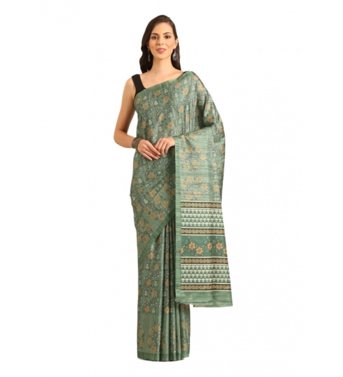 Generic Women's Cotton Printed Saree With Unstitched Blouse 5.5Mtr (Green)