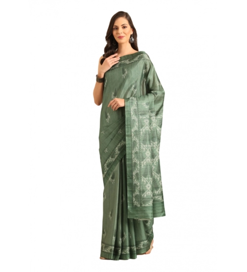 Generic Women's Cotton Printed Saree With Unstitched Blouse 5.5Mtr (Green)