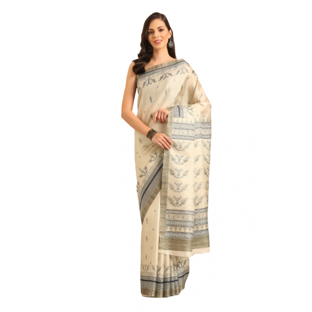 Generic Women's Cotton Printed Saree With Unstitched Blouse 5.5Mtr (Cream)