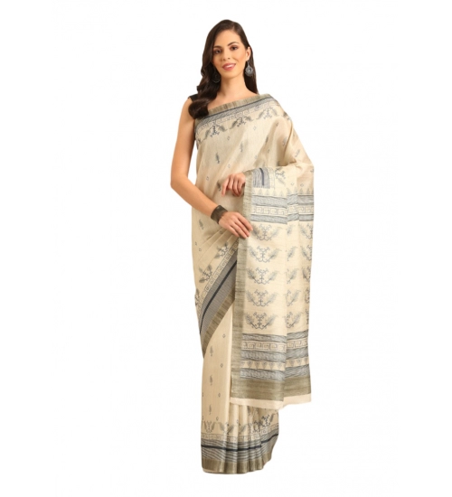 Generic Women's Cotton Printed Saree With Unstitched Blouse 5.5Mtr (Cream)