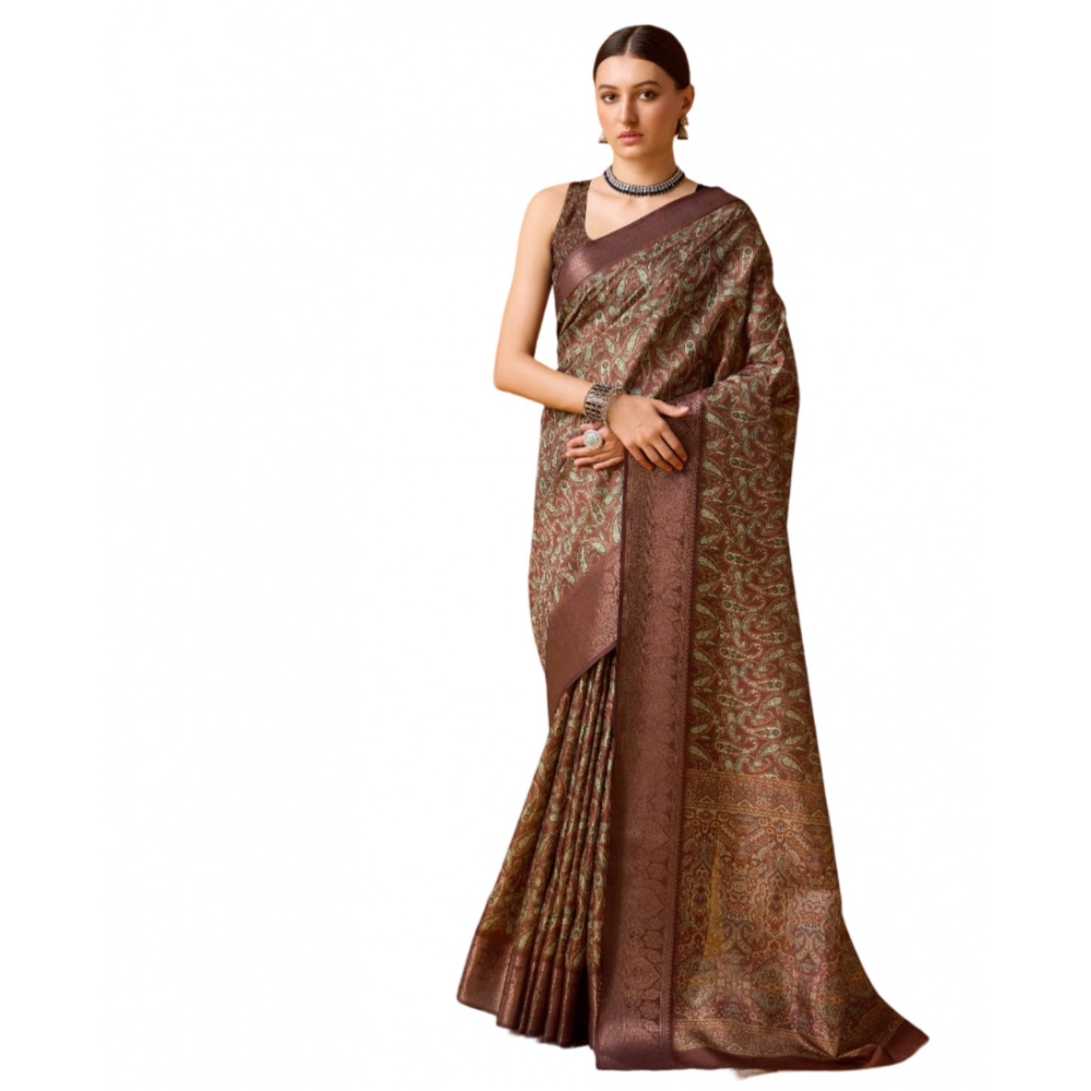 Generic Women's Cotton Printed Saree With Unstitched Blouse 5.5Mtr (Brown)