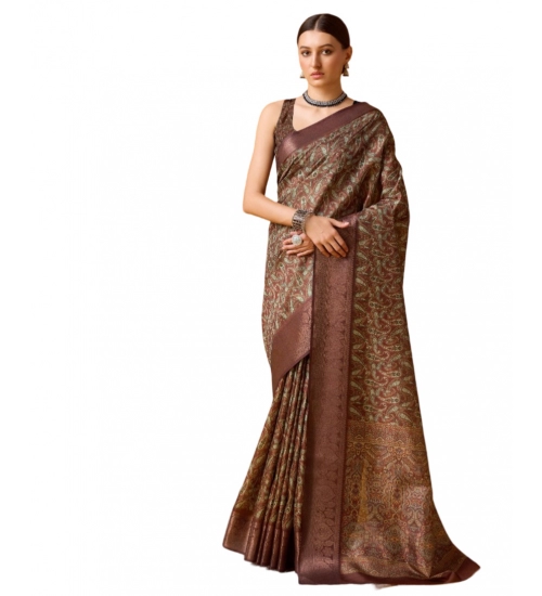 Generic Women's Cotton Printed Saree With Unstitched Blouse 5.5Mtr (Brown)