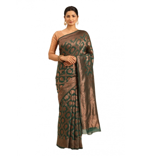 Generic Women's Cotton Woven Design Saree With Unstitched Blouse 5.5Mtr (Green)