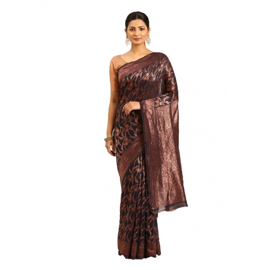 Generic Women's Cotton Woven Design Saree With Unstitched Blouse 5.5Mtr (Navy-Blue)
