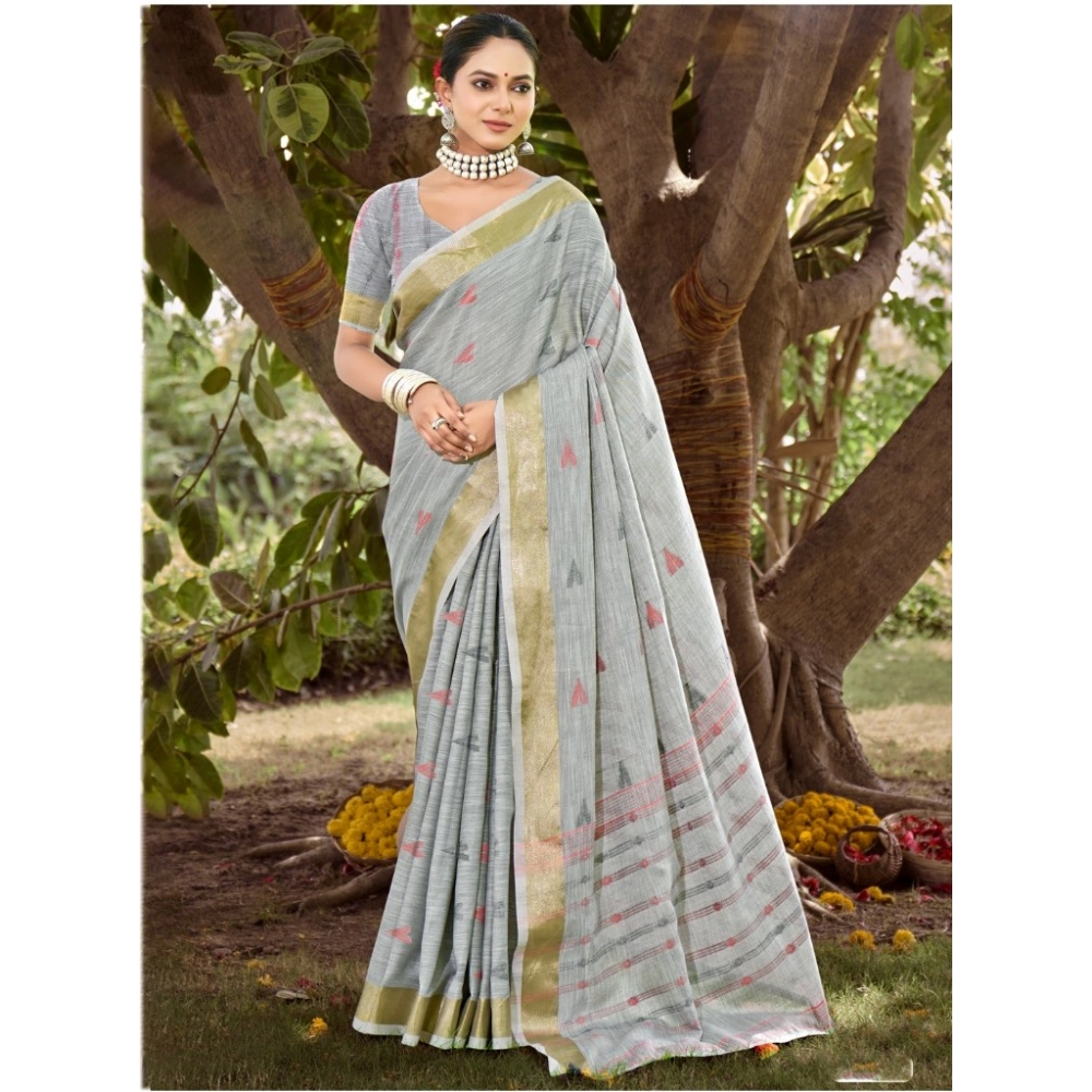 Generic Women's Cotton Printed Saree With Unstitched Blouse 5.5Mtr (Grey)