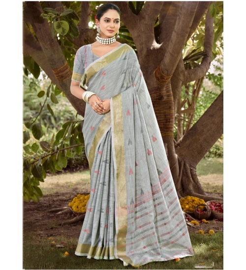 Generic Women's Cotton Printed Saree With Unstitched Blouse 5.5Mtr (Grey)
