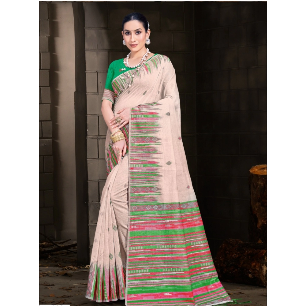 Generic Women's Cotton Printed Saree With Unstitched Blouse 5.5Mtr (Cream-Lightgreen)
