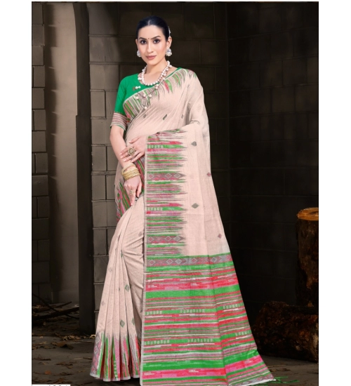 Generic Women's Cotton Printed Saree With Unstitched Blouse 5.5Mtr (Cream-Lightgreen)