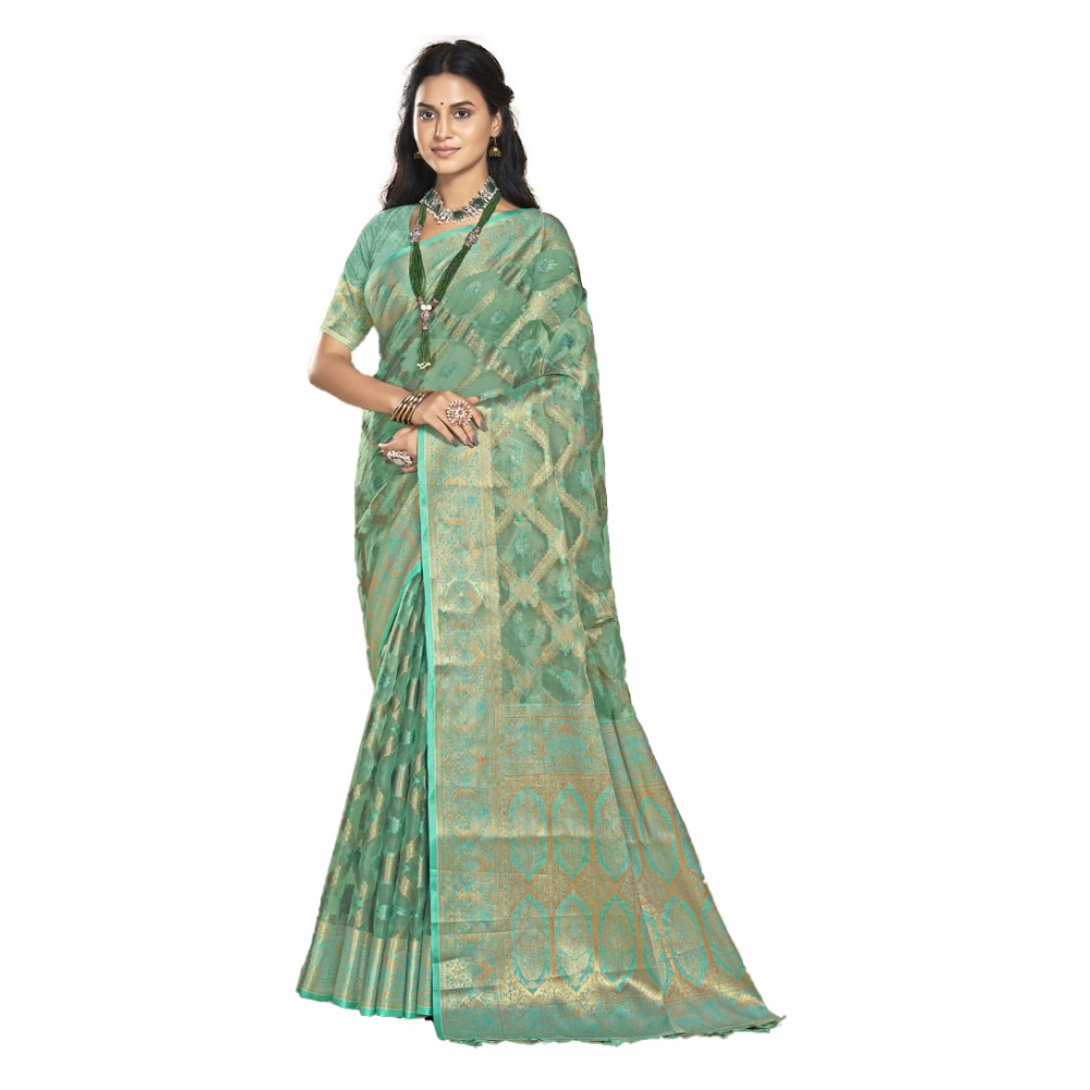 Generic Women's Organza Woven Design Saree With Unstitched Blouse 5.5Mtr (Green)