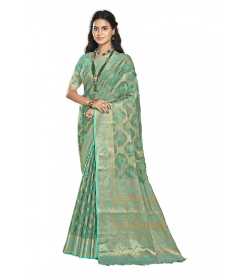 Generic Women's Organza Woven Design Saree With Unstitched Blouse 5.5Mtr (Green)