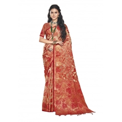 Generic Women's Organza Woven Design Saree With Unstitched Blouse 5.5Mtr (Red)