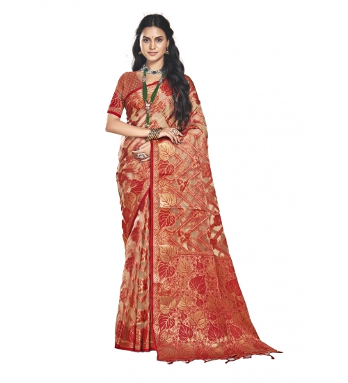 Generic Women's Organza Woven Design Saree With Unstitched Blouse 5.5Mtr (Red)