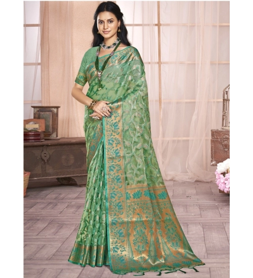 Generic Women's Organza Woven Design Saree With Unstitched Blouse 5.5Mtr (Green)